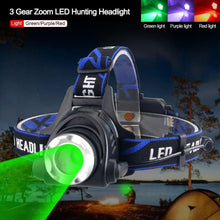 Load image into Gallery viewer, Headlamp Flashlight USB LED Head Rechargeable Light Waterproof Green/Red/UV 395nm Zoomable Headlamp Flashlight Light Outdoor   Waterproof Headlight Led Head Lamp 3 Modes Torch For Camping Hiking Fishing
