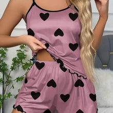 Load image into Gallery viewer, Heart Print Neck Cami Top and Lettuce Trim Shorts Set

