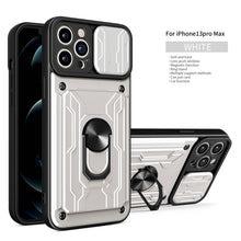 将图片加载到图库查看器，Heavy Duty Armor Case Card Pocket for iPhone 11 Pro 7 8 Plus Magnetic Phone Holder Cover Slide Lens Protection Design Card Holder Slot With Rotating Ring Armor Bumper Shockproof Case
