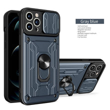 将图片加载到图库查看器，Heavy Duty Armor Case Card Pocket for iPhone 11 Pro 7 8 Plus Magnetic Phone Holder Cover Slide Lens Protection Design Card Holder Slot With Rotating Ring Armor Bumper Shockproof Case
