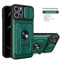 将图片加载到图库查看器，Heavy Duty Armor Case Card Pocket for iPhone 11 Pro 7 8 Plus Magnetic Phone Holder Cover Slide Lens Protection Design Card Holder Slot With Rotating Ring Armor Bumper Shockproof Case
