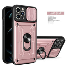 将图片加载到图库查看器，Heavy Duty Armor Case Card Pocket for iPhone 11 Pro 7 8 Plus Magnetic Phone Holder Cover Slide Lens Protection Design Card Holder Slot With Rotating Ring Armor Bumper Shockproof Case
