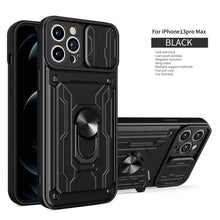 将图片加载到图库查看器，Heavy Duty Armor Case Card Pocket for iPhone 11 Pro 7 8 Plus Magnetic Phone Holder Cover Slide Lens Protection Design Card Holder Slot With Rotating Ring Armor Bumper Shockproof Case
