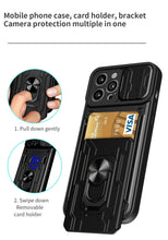 将图片加载到图库查看器，Heavy Duty Armor Case Card Pocket for iPhone 11 Pro 7 8 Plus Magnetic Phone Holder Cover Slide Lens Protection Design Card Holder Slot With Rotating Ring Armor Bumper Shockproof Case
