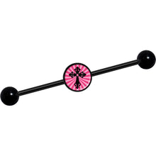 将图片加载到图库查看器，14G Pink Black Radiant Cross Black Industrial Barbell 37mm
