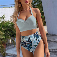 将图片加载到图库查看器，High Waist Bikini Leaf Print Swimsuit Women Push Up Swimwear Female Halter Bathing Suit Vintage Swimming Suit Women Vintage Underwire High Waist Swimsuit Two Pieces Halter Lace Up Adjustable Bikini Top
