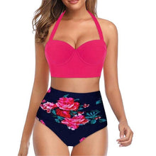 将图片加载到图库查看器，High Waist Bikini Leaf Print Swimsuit Women Push Up Swimwear Female Halter Bathing Suit Vintage Swimming Suit Women Vintage Underwire High Waist Swimsuit Two Pieces Halter Lace Up Adjustable Bikini Top

