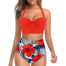 将图片加载到图库查看器，High Waist Bikini Leaf Print Swimsuit Women Push Up Swimwear Female Halter Bathing Suit Vintage Swimming Suit Women Vintage Underwire High Waist Swimsuit Two Pieces Halter Lace Up Adjustable Bikini Top
