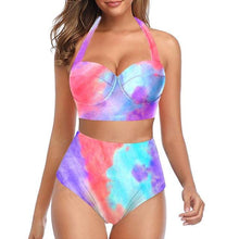 将图片加载到图库查看器，High Waist Bikini Leaf Print Swimsuit Women Push Up Swimwear Female Halter Bathing Suit Vintage Swimming Suit Women Vintage Underwire High Waist Swimsuit Two Pieces Halter Lace Up Adjustable Bikini Top
