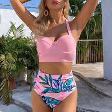 将图片加载到图库查看器，High Waist Bikini Leaf Print Swimsuit Women Push Up Swimwear Female Halter Bathing Suit Vintage Swimming Suit Women Vintage Underwire High Waist Swimsuit Two Pieces Halter Lace Up Adjustable Bikini Top
