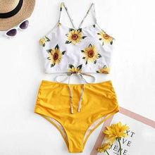 Load image into Gallery viewer, High Waist Bikini Sunflower Swimsuit Women Bikini Floral Swimsuit Floral Crop Tie Knot Front High Waist Bikini Set Two Piece Swimsuit For Women  Summer High Waisted Bathing Suit
