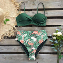 Load image into Gallery viewer, High Waist Bikini Set Women  Bikini Flower Swimwear Women High Waist Bikini Halter Two Piece Bathing Suits Tummy Control Swimsuit Push Up Swimwear Vintage Halter Neck Swimsuit Female Green Bathing Suit
