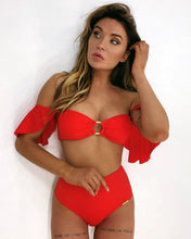 Load image into Gallery viewer, High Waist Bikini Swimwear Women High Waist Flounce Bikini Set Off Shoulder Print Two Piece Bikini Swimsuit Women Print Swimsuit Push Up Ruffle Bikinis Set Women Bandage Bathing Suit Summer Beachwear
