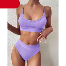 Load image into Gallery viewer, High Waist Bikinis Ribbed Swimwear Women Push Up Swimsuits Women's Scoop Neck Swimsuits High Waist Bikini Sets 2 Piece Bathing Suit Solid Strap Bathing Suit Female Set
