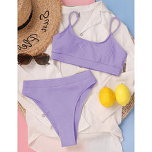 Load image into Gallery viewer, High Waist Bikinis Swimwear Women Push Up Swimsuits Solid High Waist Bikini Sets Sporty Two Pieces Swimsuit Scoop Neck Bathing Suits for Women Ribbed Bathing Suits High Cut Summer Beachwear

