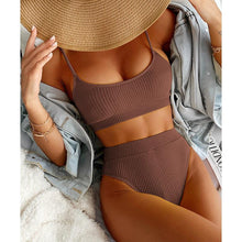 Load image into Gallery viewer, High Waist Bikinis Swimwear Women Push Up Swimsuits Solid High Waist Bikini Sets Sporty Two Pieces Swimsuit Scoop Neck Bathing Suits for Women Ribbed Bathing Suits High Cut Summer Beachwear

