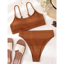 Load image into Gallery viewer, High Waist Bikinis Swimwear Women Push Up Swimsuits Solid High Waist Bikini Sets Sporty Two Pieces Swimsuit Scoop Neck Bathing Suits for Women Ribbed Bathing Suits High Cut Summer Beachwear
