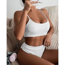 Load image into Gallery viewer, High Waist Bikinis Swimwear Women Push Up Swimsuits Solid High Waist Bikini Sets Sporty Two Pieces Swimsuit Scoop Neck Bathing Suits for Women Ribbed Bathing Suits High Cut Summer Beachwear
