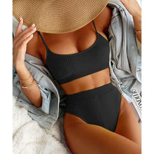 Load image into Gallery viewer, High Waist Bikinis Swimwear Women Push Up Swimsuits Solid High Waist Bikini Sets Sporty Two Pieces Swimsuit Scoop Neck Bathing Suits for Women Ribbed Bathing Suits High Cut Summer Beachwear

