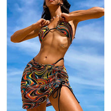 Load image into Gallery viewer, High Waist Mesh Skirt Swimsuit Triangle Micro Bikini Set 3-Piece High Cut Swimwear Women's Bikini Swimsuits With Wrap Skirt, 3 Pieces Strings High Cut Bikini Set Bathing Suits Women Vintage Print Bathing Suit
