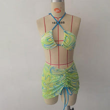 Load image into Gallery viewer, High Waist Mesh Skirt Swimsuit Triangle Micro Bikini Set 3-Piece High Cut Swimwear Women's Bikini Swimsuits With Wrap Skirt, 3 Pieces Strings High Cut Bikini Set Bathing Suits Women Vintage Print Bathing Suit
