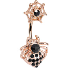 Load image into Gallery viewer, Black Gem Rose Gold Anodized Spider and Web Double Mount Belly Ring
