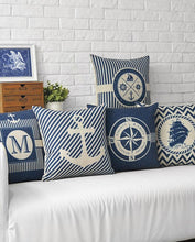 将图片加载到图库查看器，Home Decorative Pillows Mediterranean Pillow Cover Blue Anchor Navigation Compass Sailboat Pillowcase Decorative Cushion Cover For Home Cover Sea Blue Compass Marine Ship Linen Pillow Case Cushion Cover 45x45CM
