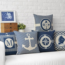 将图片加载到图库查看器，Home Decorative Pillows Mediterranean Pillow Cover Blue Anchor Navigation Compass Sailboat Pillowcase Decorative Cushion Cover For Home Cover Sea Blue Compass Marine Ship Linen Pillow Case Cushion Cover 45x45CM
