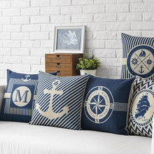 将图片加载到图库查看器，Home Decorative Pillows Mediterranean Pillow Cover Blue Anchor Navigation Compass Sailboat Pillowcase Decorative Cushion Cover For Home Cover Sea Blue Compass Marine Ship Linen Pillow Case Cushion Cover 45x45CM
