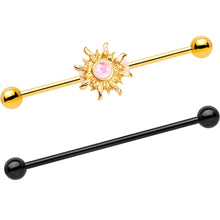 Load image into Gallery viewer, 14G Faux Opal Black Gold Tone Sun Industrial Barbell 38mm Set of 2
