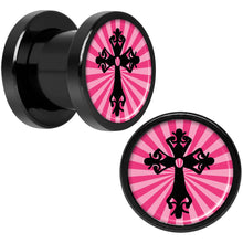Load image into Gallery viewer, Pink Black Radiant Cross Black Anodized Screw Fit Plug Set 0G
