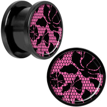 Load image into Gallery viewer, Pink Floral Lace Black Anodized Screw Fit Plug Set 9/16

