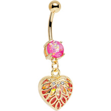 Load image into Gallery viewer, Pink Red Faux Opal Gold Anodized Lotus Flower Locked Heart Dangle Belly Ring
