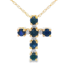 Load image into Gallery viewer, .32ct Sapphire Cross Religious Pendant 10KT Yellow Gold
