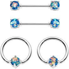 Load image into Gallery viewer, 14G Blue Green Faux Opal Captive Ring Barbell Nipple Ring Set
