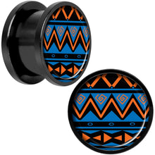 Load image into Gallery viewer, Blue Orange Tribal Print Black Anodized Screw Fit Plug Set 9/16
