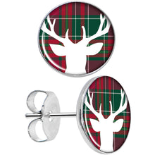 将图片加载到图库查看器，Red Green Plaid Reindeer Stud Earrings
