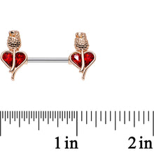 Load image into Gallery viewer, 14G 9/16 Red Gem Rosy Hue Heart and Rose Flower Nipple Barbell Set
