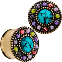 Load image into Gallery viewer, Gold Plated Southwestern Stone Age Double Flare Plug Set 2G to 22mm
