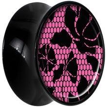 Load image into Gallery viewer, Black Acrylic Pink Floral Lace Saddle Plug Set 9/16
