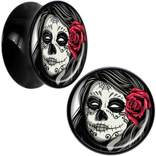 Load image into Gallery viewer, Black Acrylic Katrina Sugar Skull with Rose Flower Saddle Plug Set 5/8
