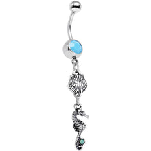 Load image into Gallery viewer, Green Blue Gem Ocean Beach Seahorse and Seashell Dangle Belly Ring
