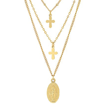 Load image into Gallery viewer, Ladies 3 Chain Necklace with Our Lady of Guadalupe and Cross Charms
