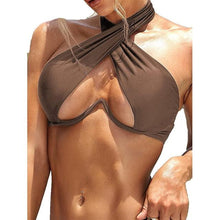 将图片加载到图库查看器，Ladies Summer Solid Color  Swimsuit Female Detachable Shoulder Strap Halter Bikini Women's Bikini Swimsuits One Piece Bathing Suits Tie Knot Cutout Swimwear with Crisscross Design
