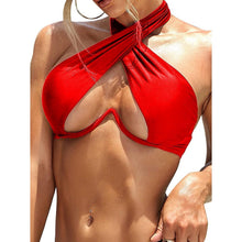 将图片加载到图库查看器，Ladies Summer Solid Color  Swimsuit Female Detachable Shoulder Strap Halter Bikini Women's Bikini Swimsuits One Piece Bathing Suits Tie Knot Cutout Swimwear with Crisscross Design
