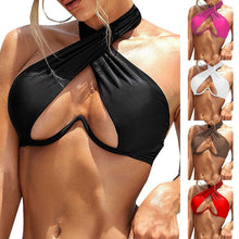 将图片加载到图库查看器，Ladies Summer Solid Color  Swimsuit Female Detachable Shoulder Strap Halter Bikini Women's Bikini Swimsuits One Piece Bathing Suits Tie Knot Cutout Swimwear with Crisscross Design
