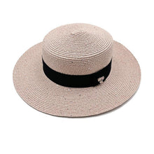 将图片加载到图库查看器，Ladies Sun Boater Classic Flat Hats Straw Hat Wide Brim Boater Hat Summer Straw Hat Beautiful Accessories For Women Retro Female Flat Cap Foldable Packable Beach Hat for Summer 55-58cm
