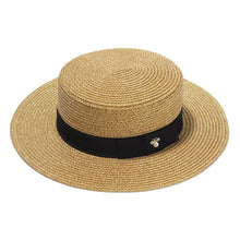 将图片加载到图库查看器，Ladies Sun Boater Classic Flat Hats Straw Hat Wide Brim Boater Hat Summer Straw Hat Beautiful Accessories For Women Retro Female Flat Cap Foldable Packable Beach Hat for Summer 55-58cm
