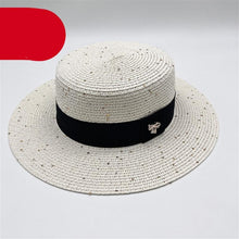 将图片加载到图库查看器，Ladies Sun Boater Classic Flat Hats Straw Hat Wide Brim Boater Hat Summer Straw Hat Beautiful Accessories For Women Retro Female Flat Cap Foldable Packable Beach Hat for Summer 55-58cm
