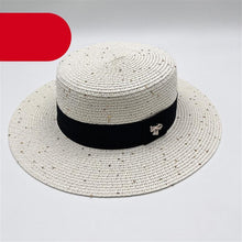将图片加载到图库查看器，Ladies Sun Boater Classic Flat Hats Straw Hat Wide Brim Boater Hat Summer Straw Hat Beautiful Accessories For Women Retro Female Flat Cap Foldable Packable Beach Hat for Summer 55-58cm
